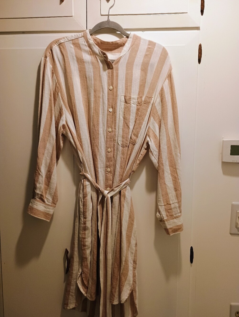 Striped Tie-Waist Shirt Dress in BlushBeige & White - Picture 3 of 4